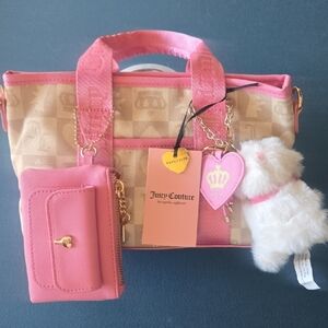 Juicy Couture Pink and Cream Logo Tote with Heart & Plush Charms